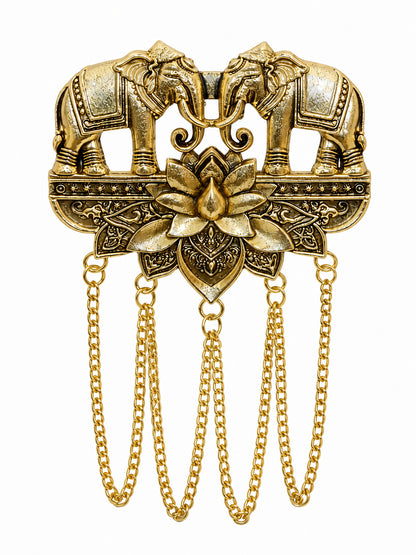 Antique Gold Plated Two Elephant Flower Motif Dulha Brooch with Chain Tassels for Men (SJ_9112_AG)