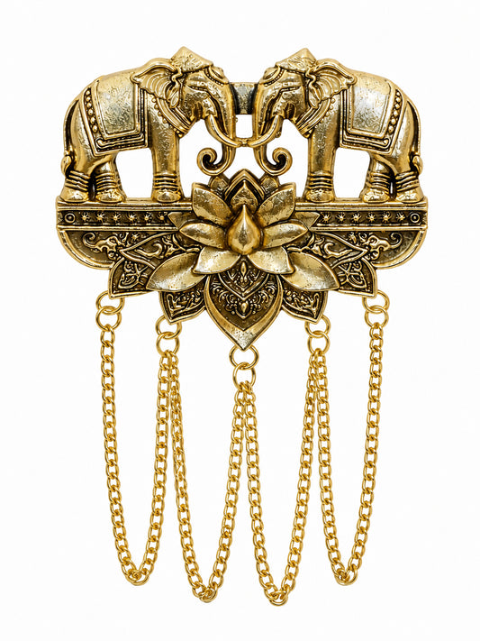 Antique Gold Plated Two Elephant Flower Motif Dulha Brooch with Chain Tassels for Men (SJ_9112_AG)