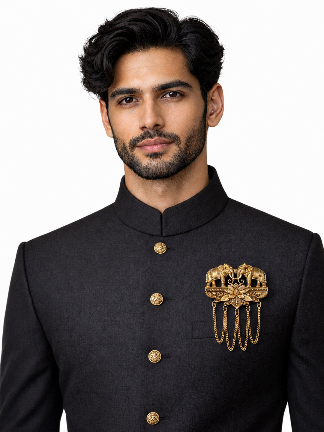 Antique Gold Plated Two Elephant Flower Motif Dulha Brooch with Chain Tassels for Men (SJ_9112_AG)