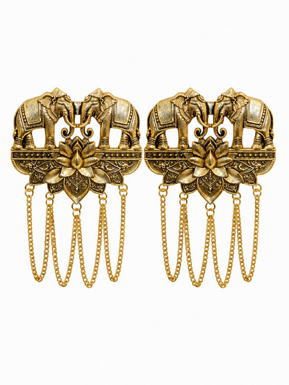 Antique Gold Plated Two Elephant Flower Motif Dulha Brooch with Chain Tassels for Men (SJ_9112_AG)