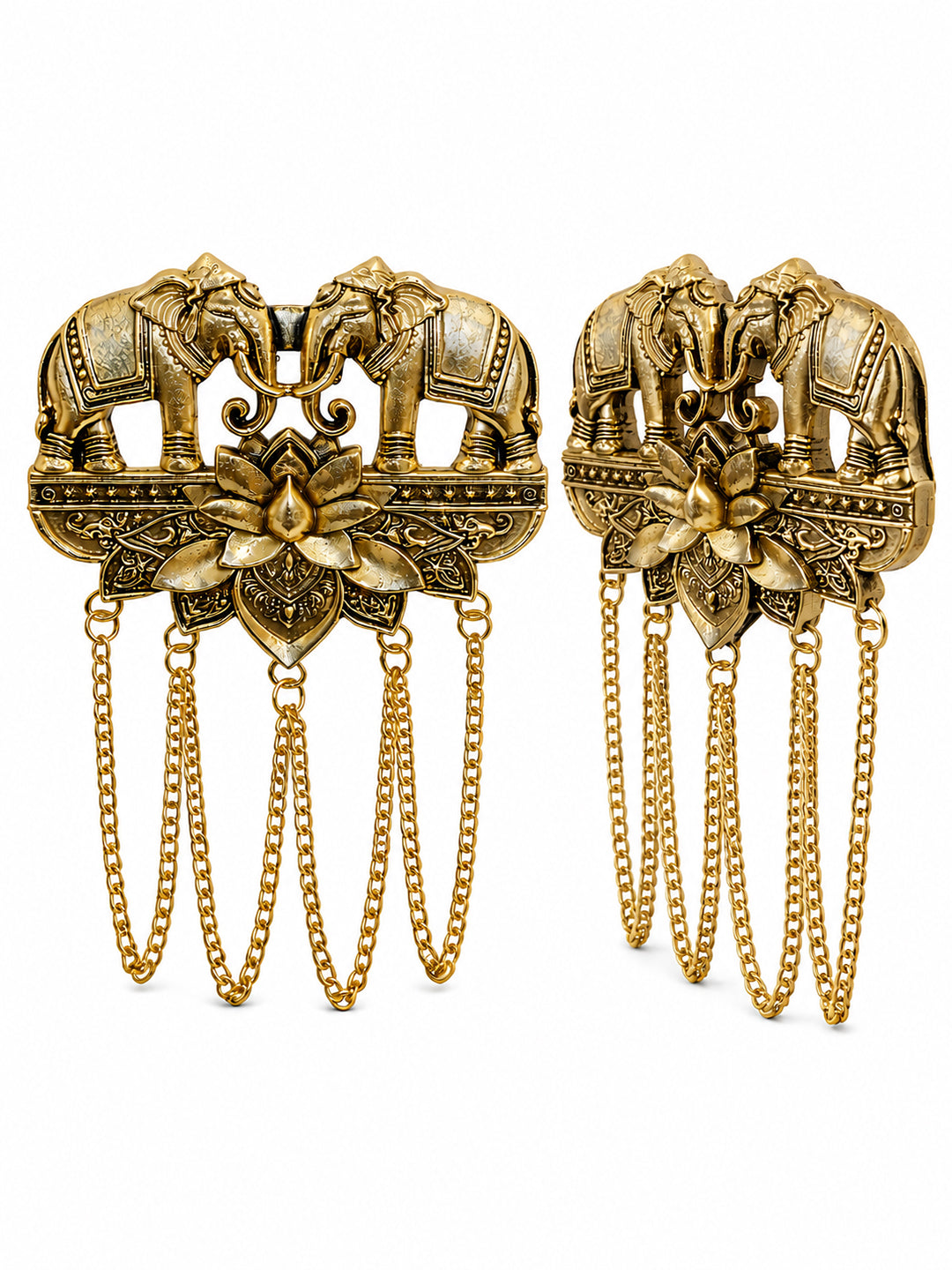Antique Gold Plated Two Elephant Flower Motif Dulha Brooch with Chain Tassels for Men (SJ_9112_AG)