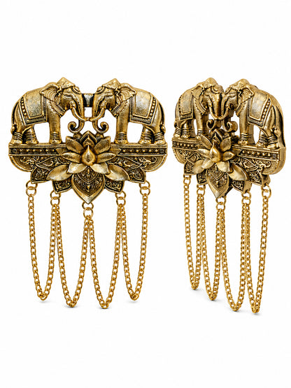 Antique Gold Plated Two Elephant Flower Motif Dulha Brooch with Chain Tassels for Men (SJ_9112_AG)