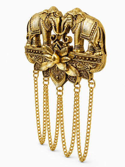 Antique Gold Plated Two Elephant Flower Motif Dulha Brooch with Chain Tassels for Men (SJ_9112_AG)