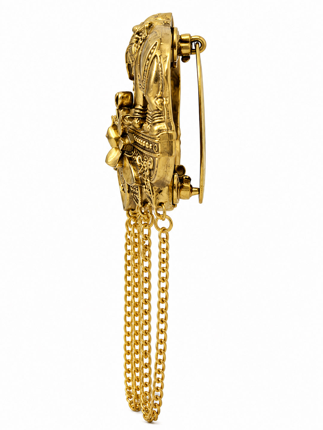 Antique Gold Plated Two Elephant Flower Motif Dulha Brooch with Chain Tassels for Men (SJ_9112_AG)