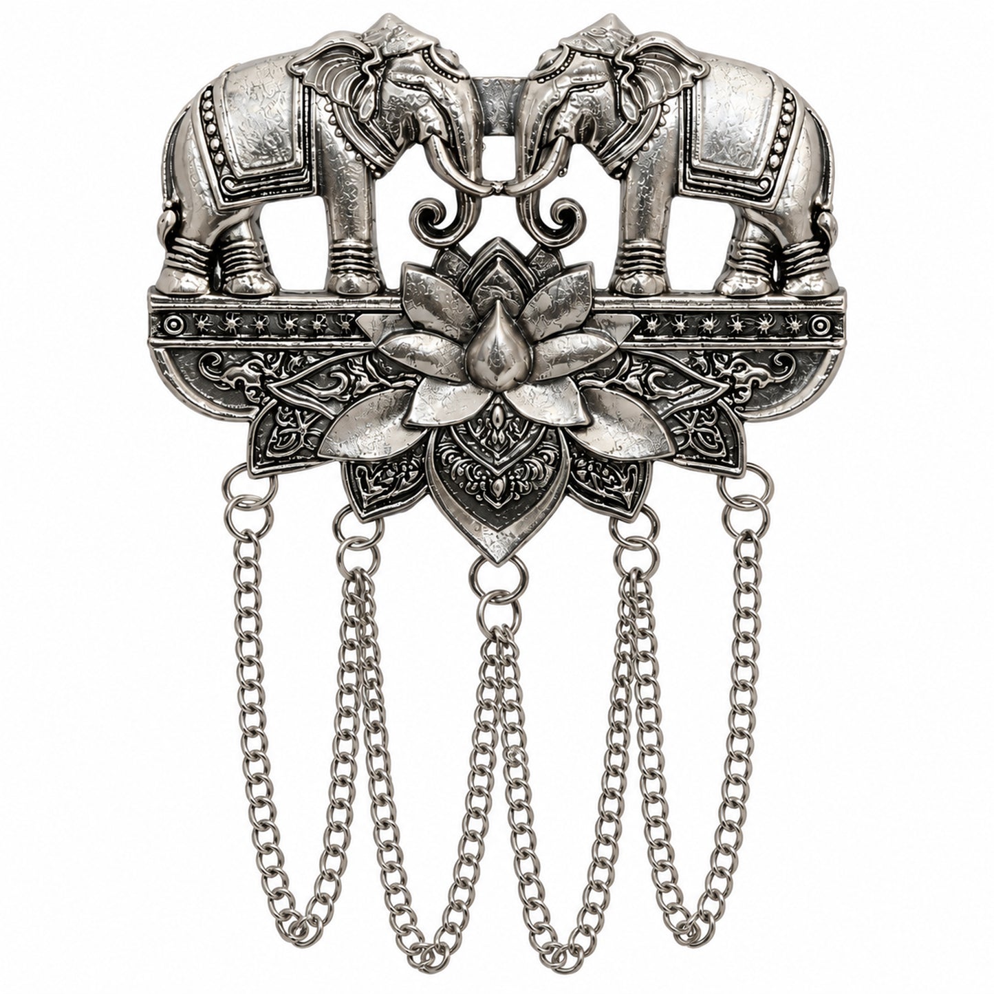 Antique Silver Plated Two Elephant Flower Motif Dulha Brooch with Chain Tassels for Men (SJ_9112_AS)