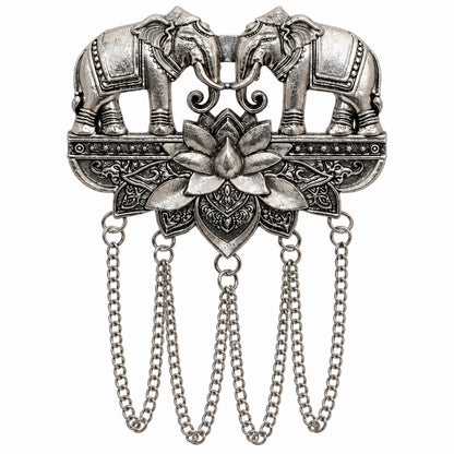 Antique Silver Plated Two Elephant Flower Motif Dulha Brooch with Chain Tassels for Men (SJ_9112_AS)