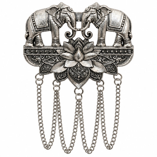 Antique Silver Plated Two Elephant Flower Motif Dulha Brooch with Chain Tassels for Men (SJ_9112_AS)