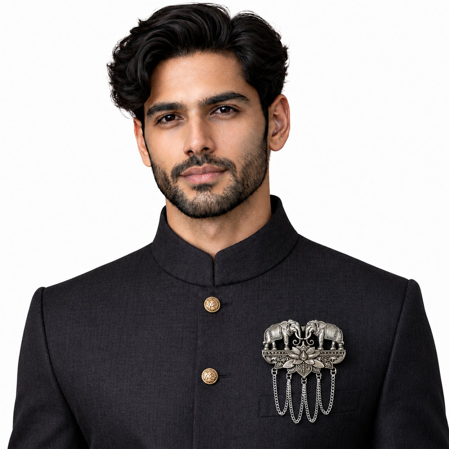 Antique Silver Plated Two Elephant Flower Motif Dulha Brooch with Chain Tassels for Men (SJ_9112_AS)