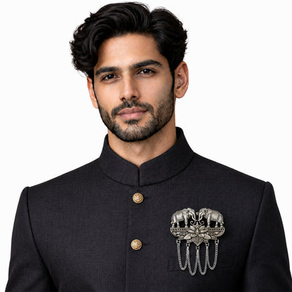 Antique Silver Plated Two Elephant Flower Motif Dulha Brooch with Chain Tassels for Men (SJ_9112_AS)
