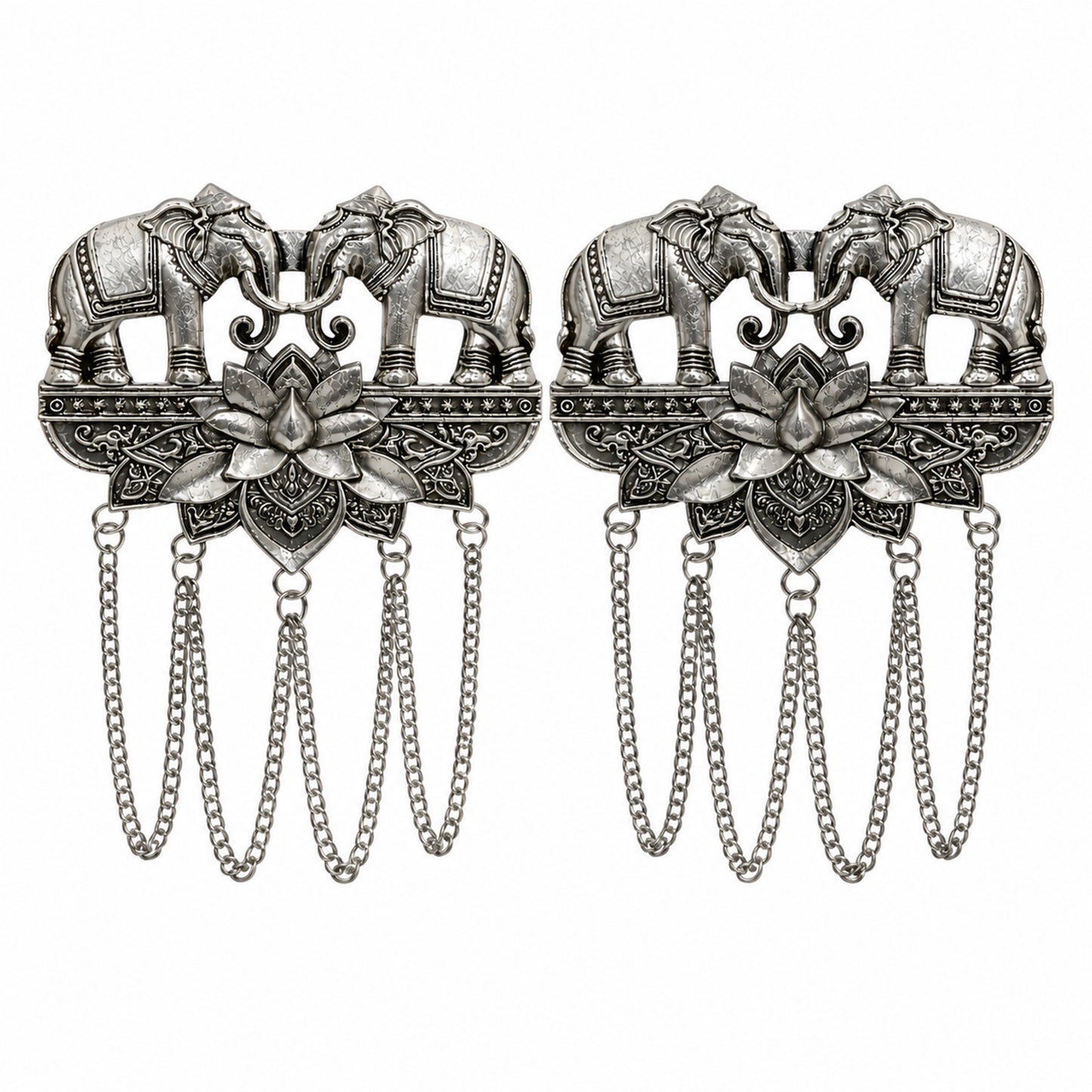 Antique Silver Plated Two Elephant Flower Motif Dulha Brooch with Chain Tassels for Men (SJ_9112_AS)