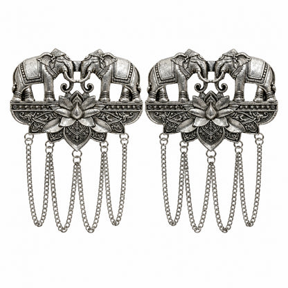 Antique Silver Plated Two Elephant Flower Motif Dulha Brooch with Chain Tassels for Men (SJ_9112_AS)