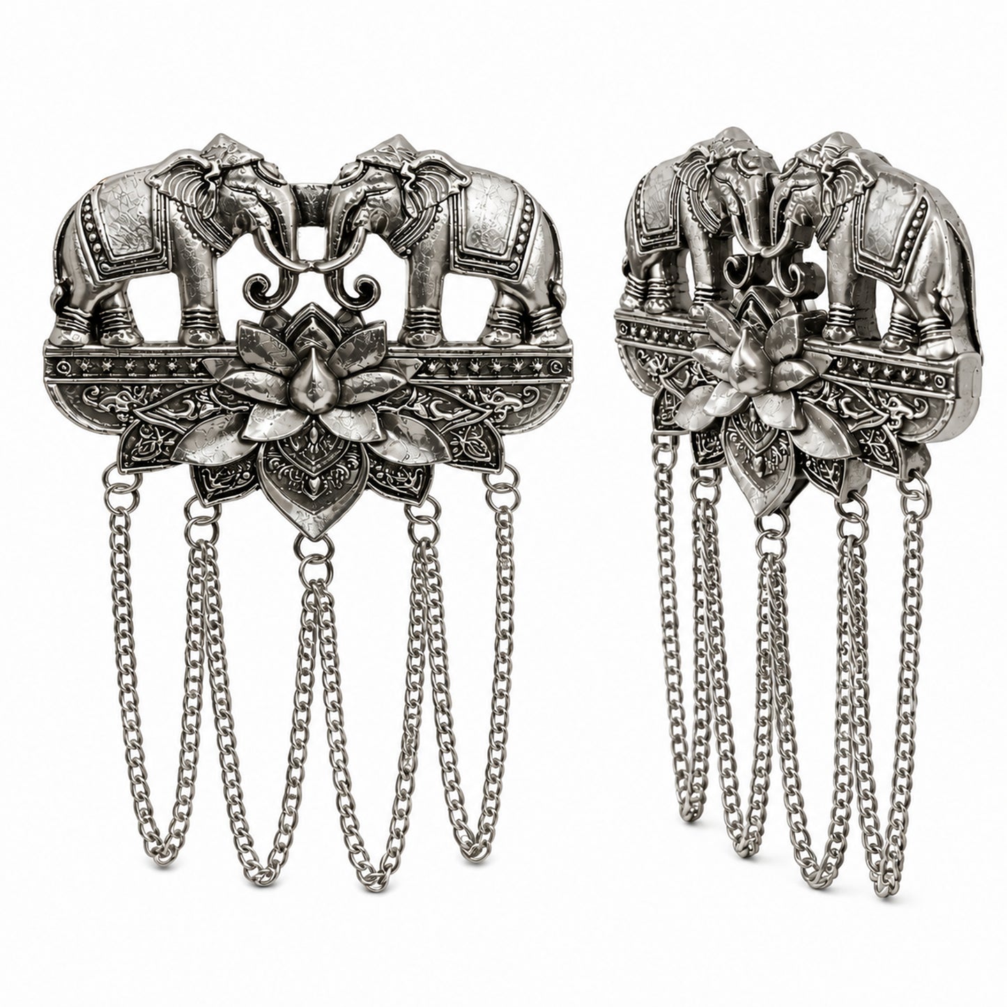 Antique Silver Plated Two Elephant Flower Motif Dulha Brooch with Chain Tassels for Men (SJ_9112_AS)