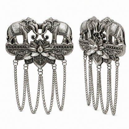 Antique Silver Plated Two Elephant Flower Motif Dulha Brooch with Chain Tassels for Men (SJ_9112_AS)