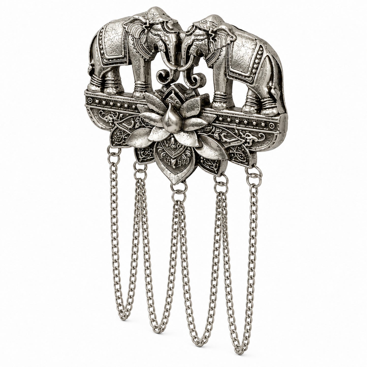 Antique Silver Plated Two Elephant Flower Motif Dulha Brooch with Chain Tassels for Men (SJ_9112_AS)