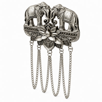 Antique Silver Plated Two Elephant Flower Motif Dulha Brooch with Chain Tassels for Men (SJ_9112_AS)