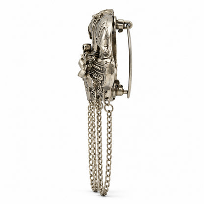 Antique Silver Plated Two Elephant Flower Motif Dulha Brooch with Chain Tassels for Men (SJ_9112_AS)