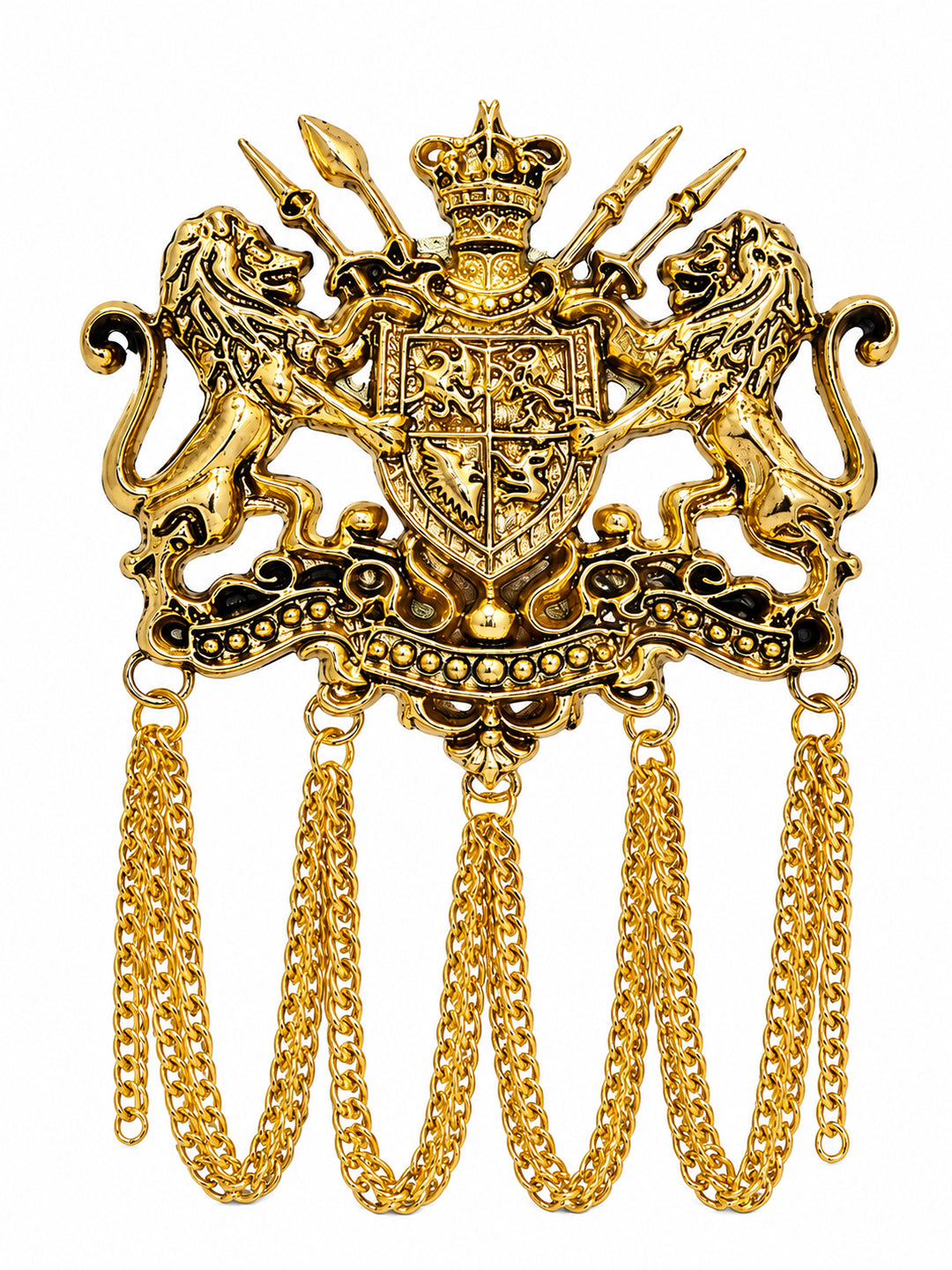 Antique Gold Plated Royal Lion Crest Dulha Brooch with Chain Tassels for Men (SJ_9113_AG)