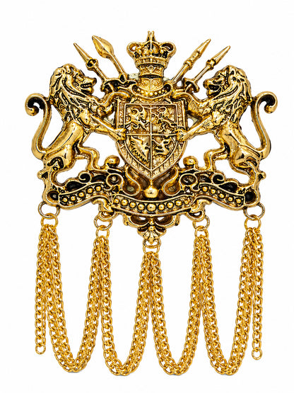 Antique Gold Plated Royal Lion Crest Dulha Brooch with Chain Tassels for Men (SJ_9113_AG)