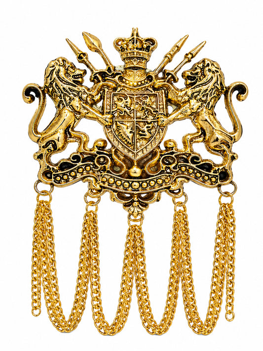 Antique Gold Plated Royal Lion Crest Dulha Brooch with Chain Tassels for Men (SJ_9113_AG)