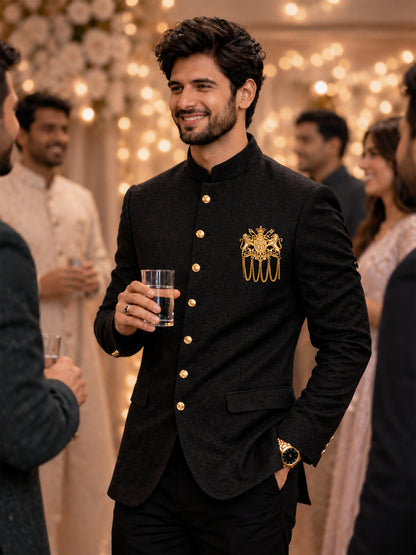 Antique Gold Plated Royal Lion Crest Dulha Brooch with Chain Tassels for Men (SJ_9113_AG)
