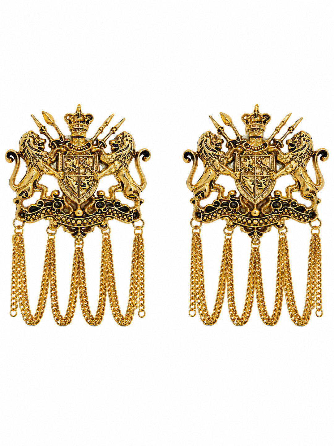 Antique Gold Plated Royal Lion Crest Dulha Brooch with Chain Tassels for Men (SJ_9113_AG)