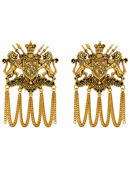 Antique Gold Plated Royal Lion Crest Dulha Brooch with Chain Tassels for Men (SJ_9113_AG)