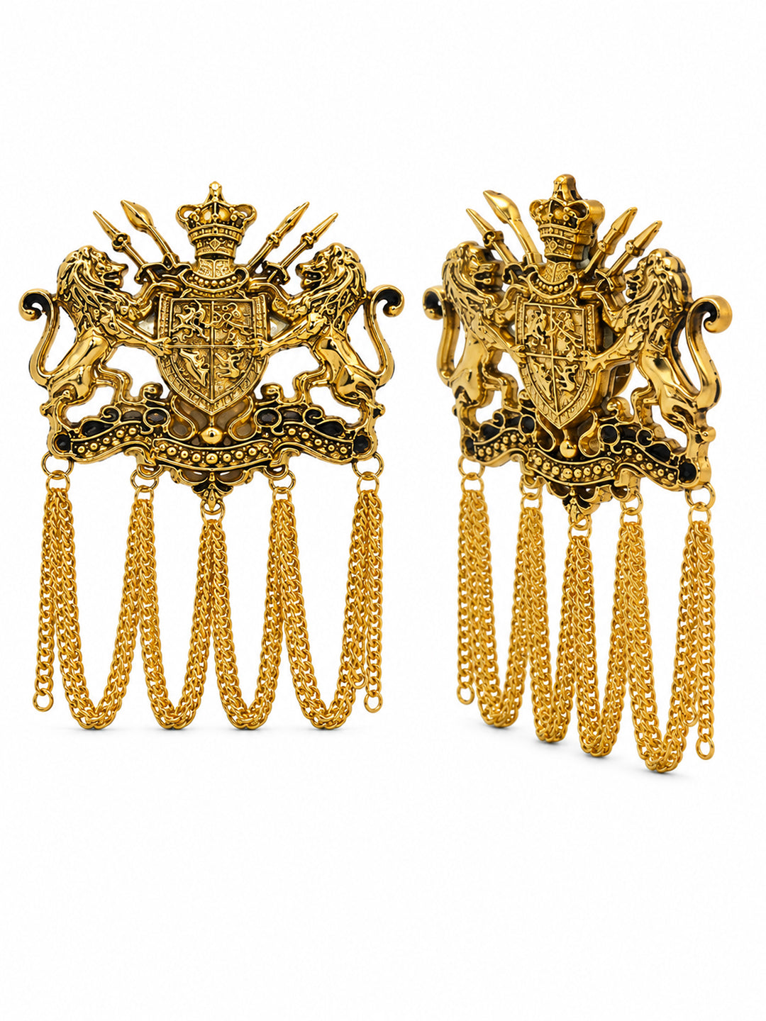 Antique Gold Plated Royal Lion Crest Dulha Brooch with Chain Tassels for Men (SJ_9113_AG)