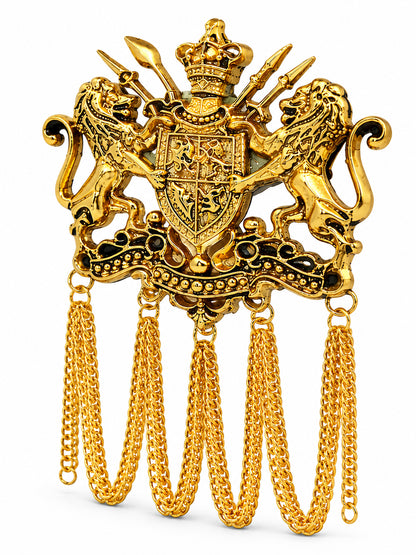Antique Gold Plated Royal Lion Crest Dulha Brooch with Chain Tassels for Men (SJ_9113_AG)