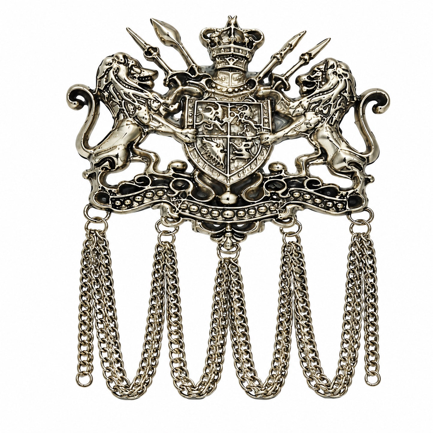 Antique Silver Plated Royal Lion Crest Dulha Brooch with Chain Tassels for Men (SJ_9113_AS)