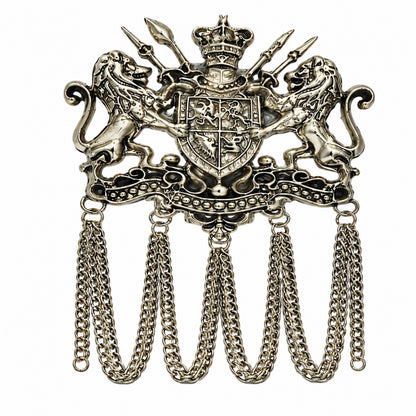Antique Silver Plated Royal Lion Crest Dulha Brooch with Chain Tassels for Men (SJ_9113_AS)