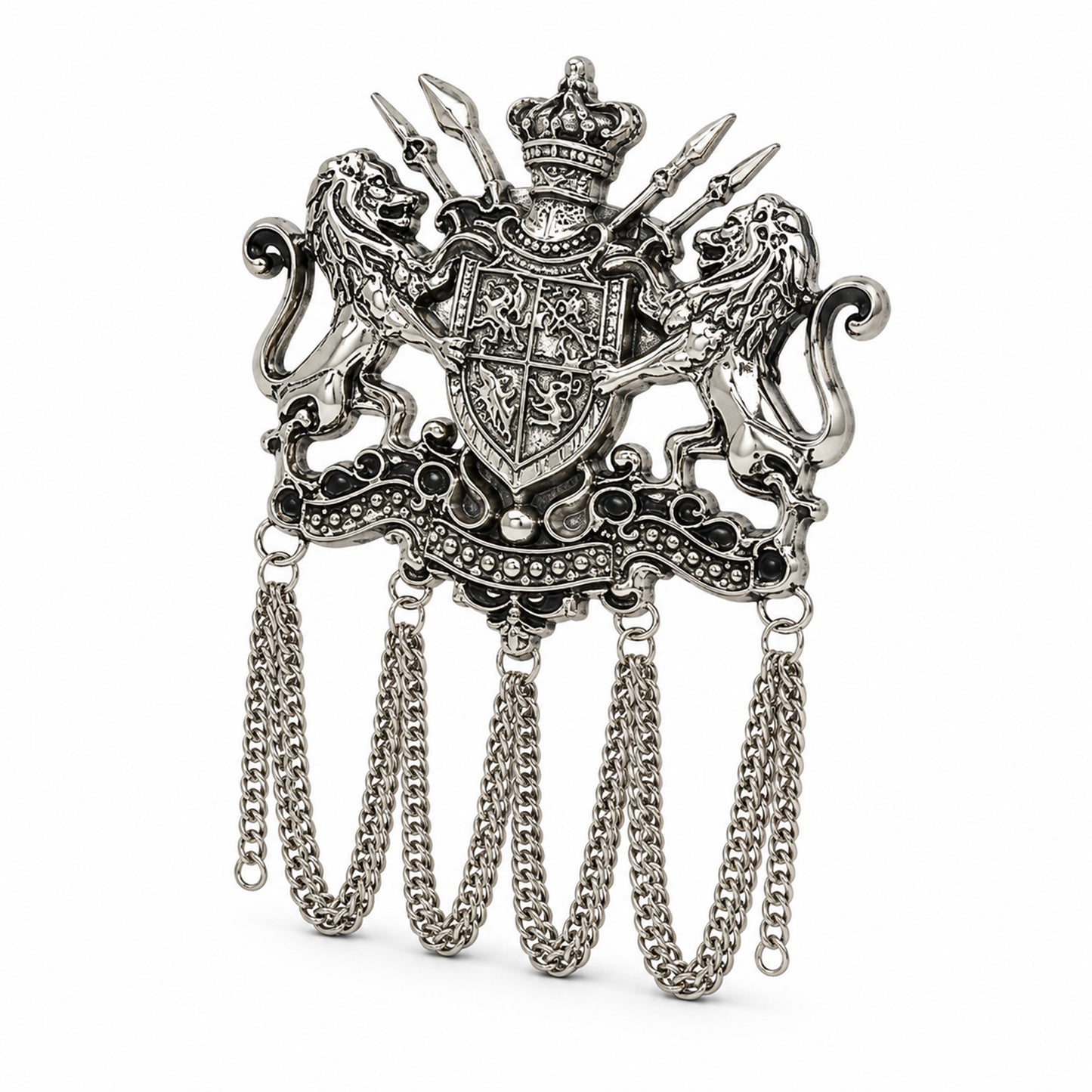 Antique Silver Plated Royal Lion Crest Dulha Brooch with Chain Tassels for Men (SJ_9113_AS)
