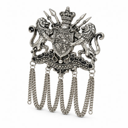 Antique Silver Plated Royal Lion Crest Dulha Brooch with Chain Tassels for Men (SJ_9113_AS)