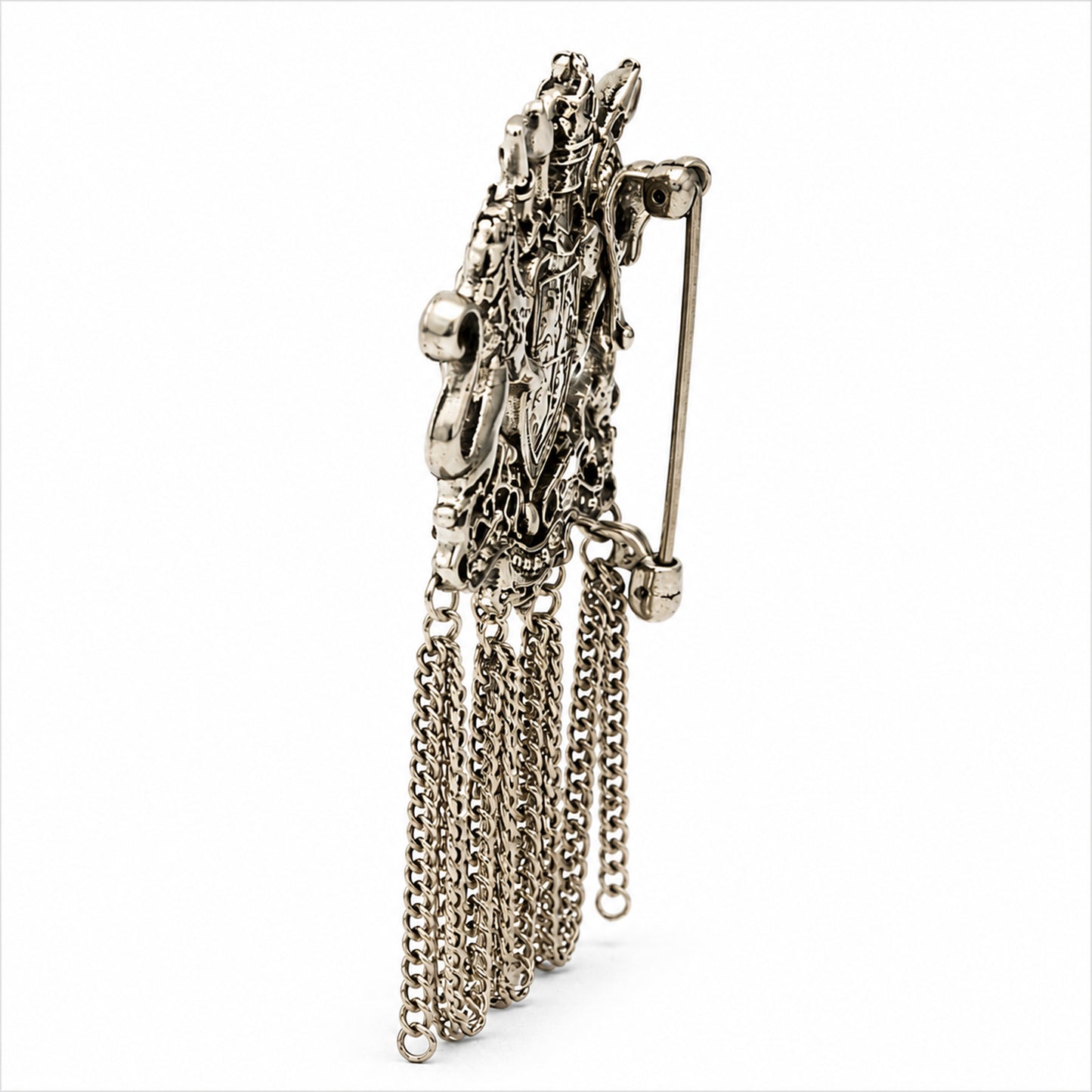 Antique Silver Plated Royal Lion Crest Dulha Brooch with Chain Tassels for Men (SJ_9113_AS)