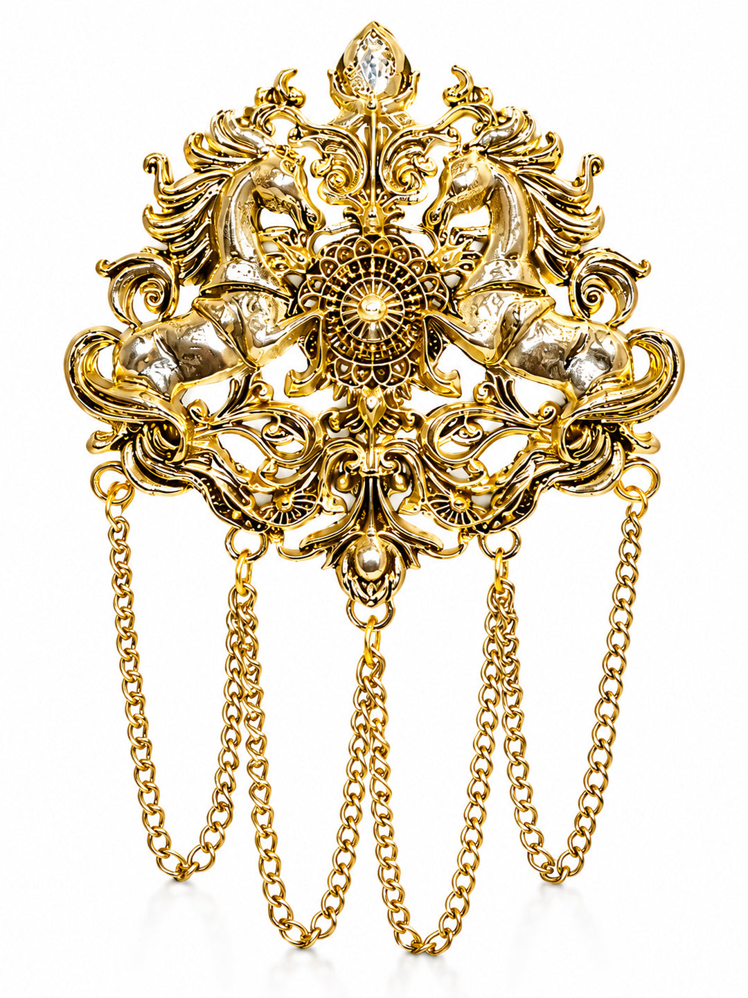 Antique Gold Plated Two Royals Horse Dulha Brooch with Chain Tassels for Men (SJ_9114_AG)