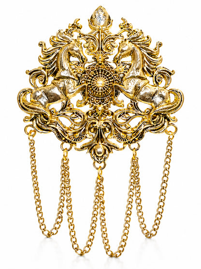 Antique Gold Plated Two Royals Horse Dulha Brooch with Chain Tassels for Men (SJ_9114_AG)