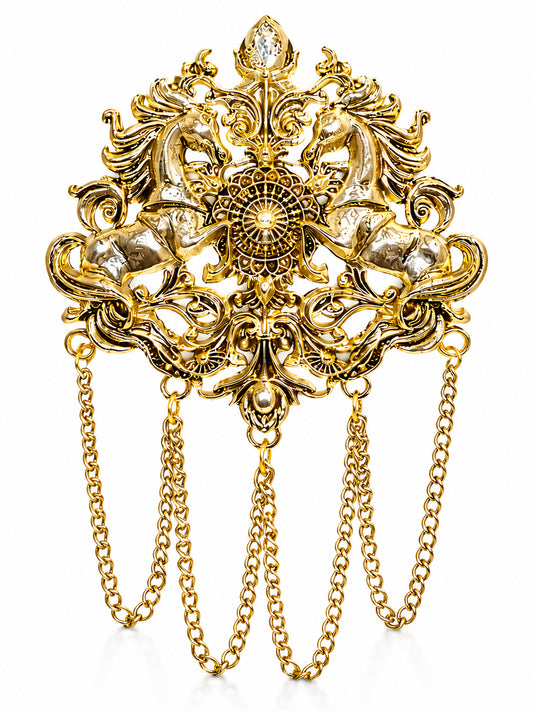 Antique Gold Plated Two Royals Horse Dulha Brooch with Chain Tassels for Men (SJ_9114_AG)