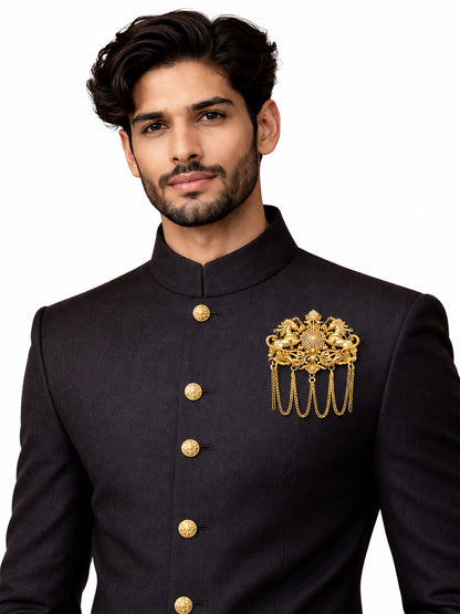 Antique Gold Plated Two Royals Horse Dulha Brooch with Chain Tassels for Men (SJ_9114_AG)