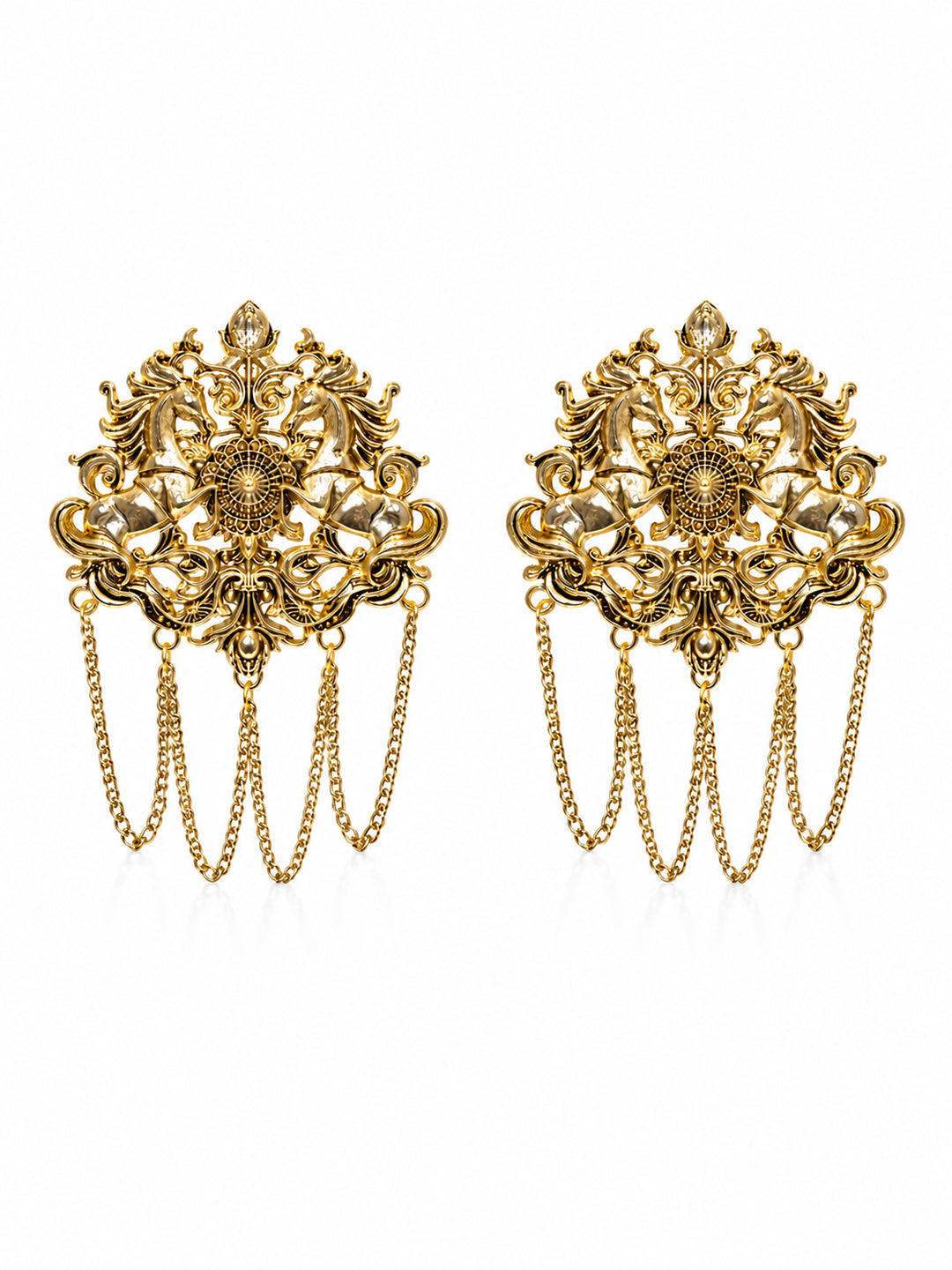 Antique Gold Plated Two Royals Horse Dulha Brooch with Chain Tassels for Men (SJ_9114_AG)