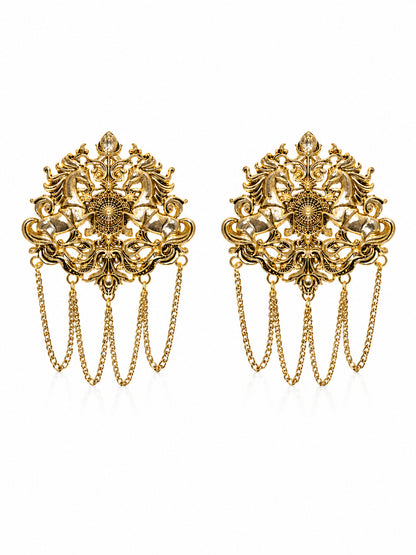 Antique Gold Plated Two Royals Horse Dulha Brooch with Chain Tassels for Men (SJ_9114_AG)
