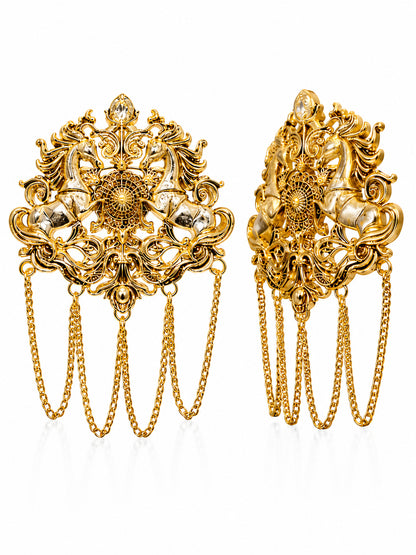 Antique Gold Plated Two Royals Horse Dulha Brooch with Chain Tassels for Men (SJ_9114_AG)