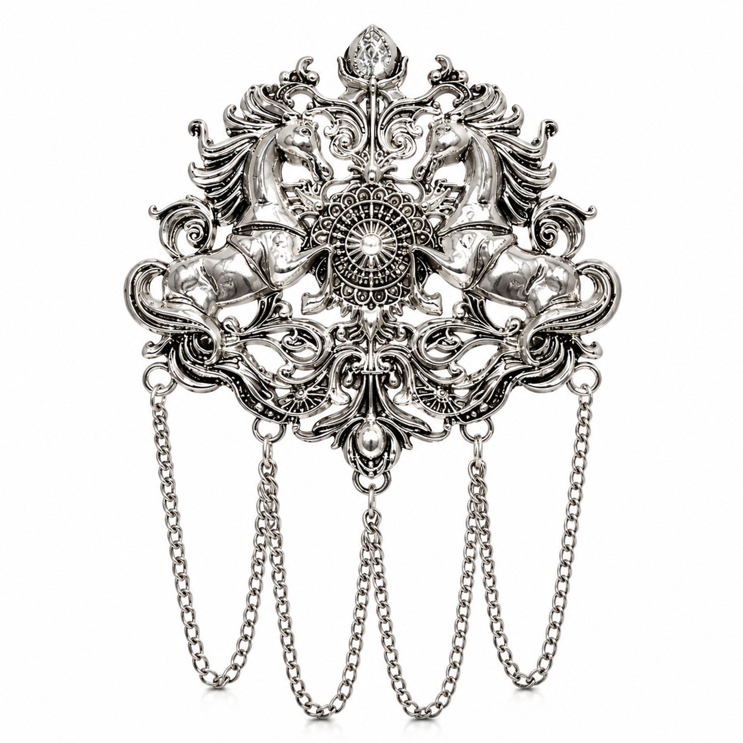 Antique Silver Plated Two Royals Horse Dulha Brooch with Chain Tassels for Men (SJ_9114_AS)