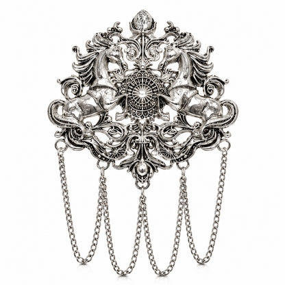 Antique Silver Plated Two Royals Horse Dulha Brooch with Chain Tassels for Men (SJ_9114_AS)