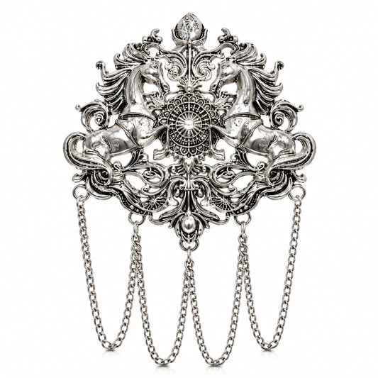 Antique Silver Plated Two Royals Horse Dulha Brooch with Chain Tassels for Men (SJ_9114_AS)