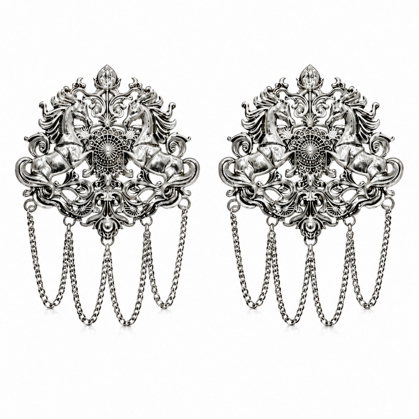 Antique Silver Plated Two Royals Horse Dulha Brooch with Chain Tassels for Men (SJ_9114_AS)