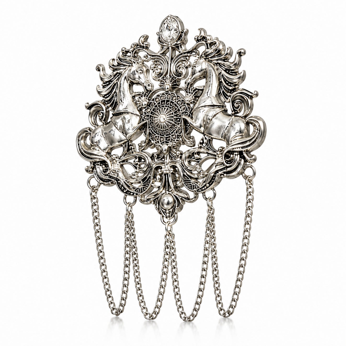 Antique Silver Plated Two Royals Horse Dulha Brooch with Chain Tassels for Men (SJ_9114_AS)
