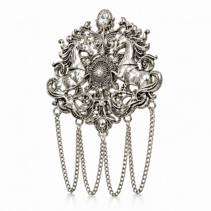 Antique Silver Plated Two Royals Horse Dulha Brooch with Chain Tassels for Men (SJ_9114_AS)