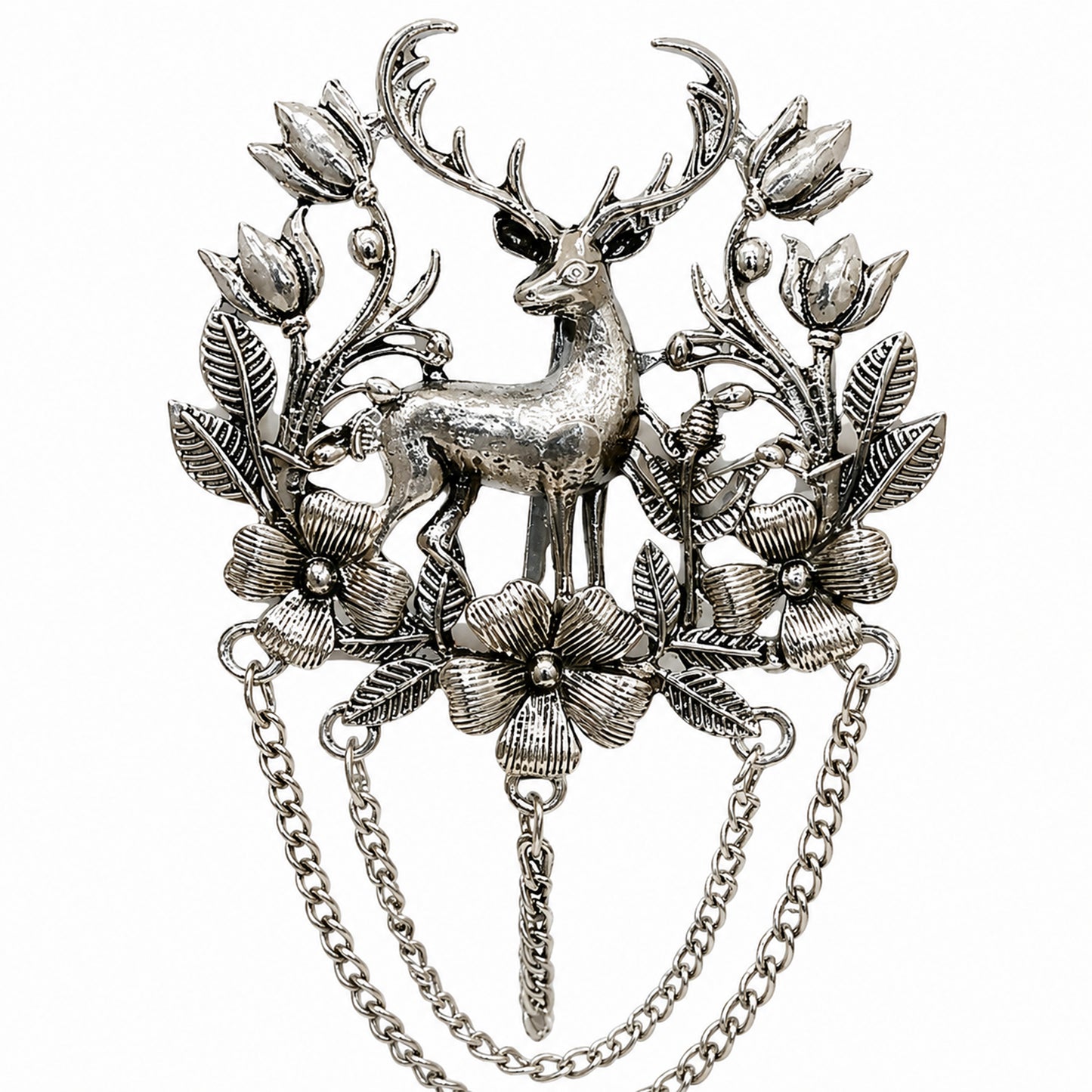 Antique Silver Plated Two Royals Deer Dulha Brooch with Chain Tassels for Men (SJ_9115_AS)