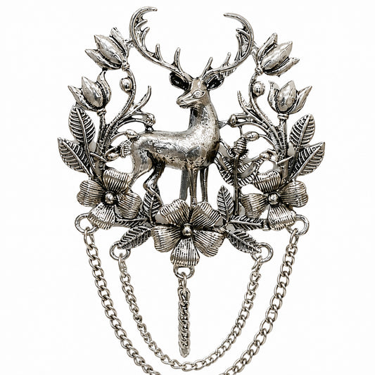 Antique Silver Plated Two Royals Deer Dulha Brooch with Chain Tassels for Men (SJ_9115_AS)