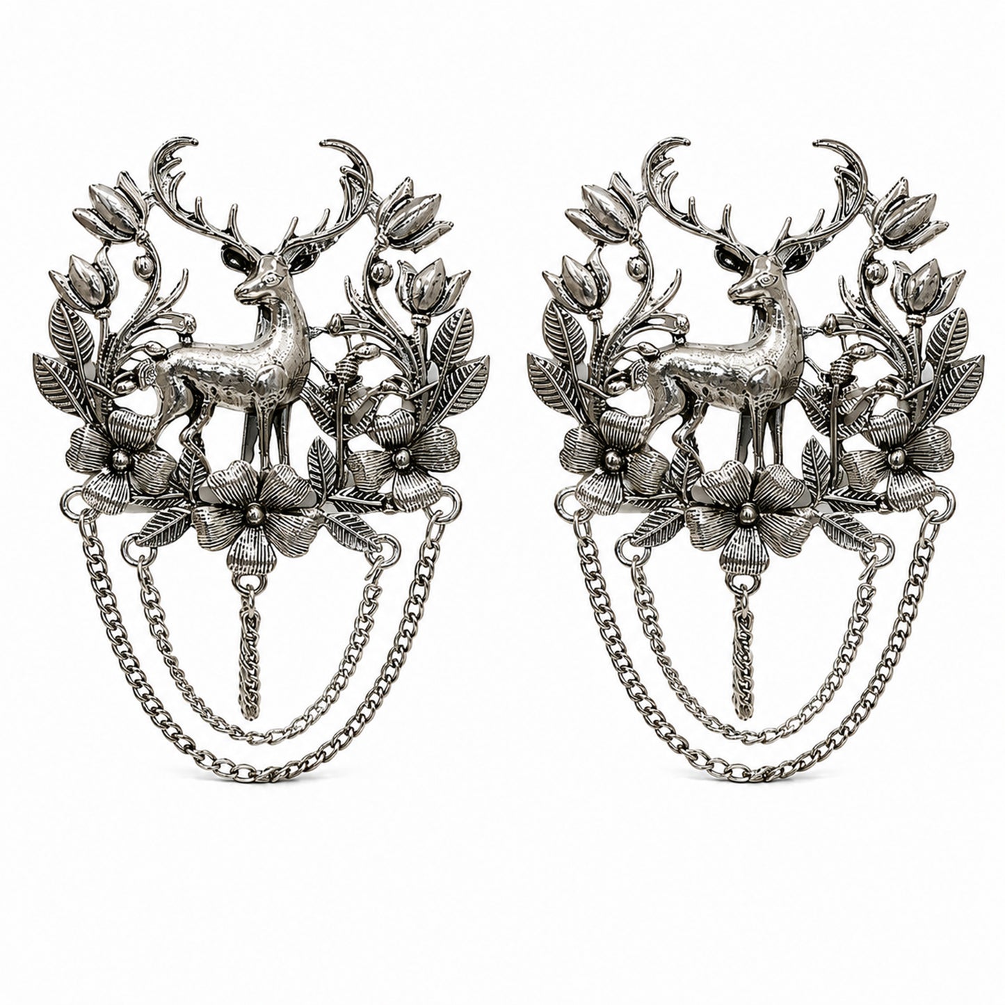 Antique Silver Plated Two Royals Deer Dulha Brooch with Chain Tassels for Men (SJ_9115_AS)