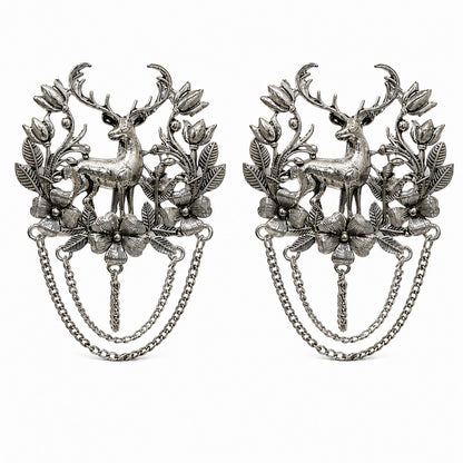 Antique Silver Plated Two Royals Deer Dulha Brooch with Chain Tassels for Men (SJ_9115_AS)